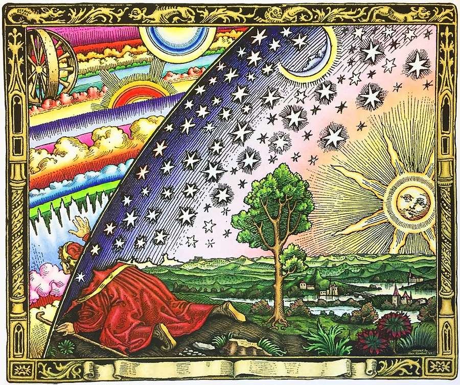 A modern colorized version of the Flammarion engraving