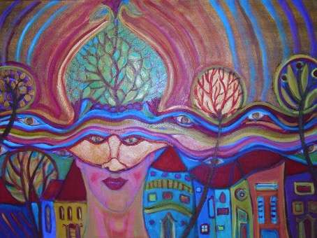 A vibrant, abstract painting with a surreal landscape and a face peeking out from behind the trees.