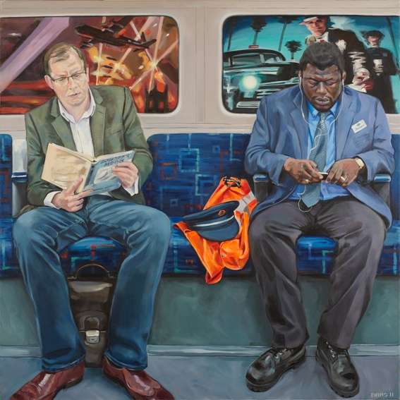 Two men sitting on a subway train, engrossed in their reading materials.
