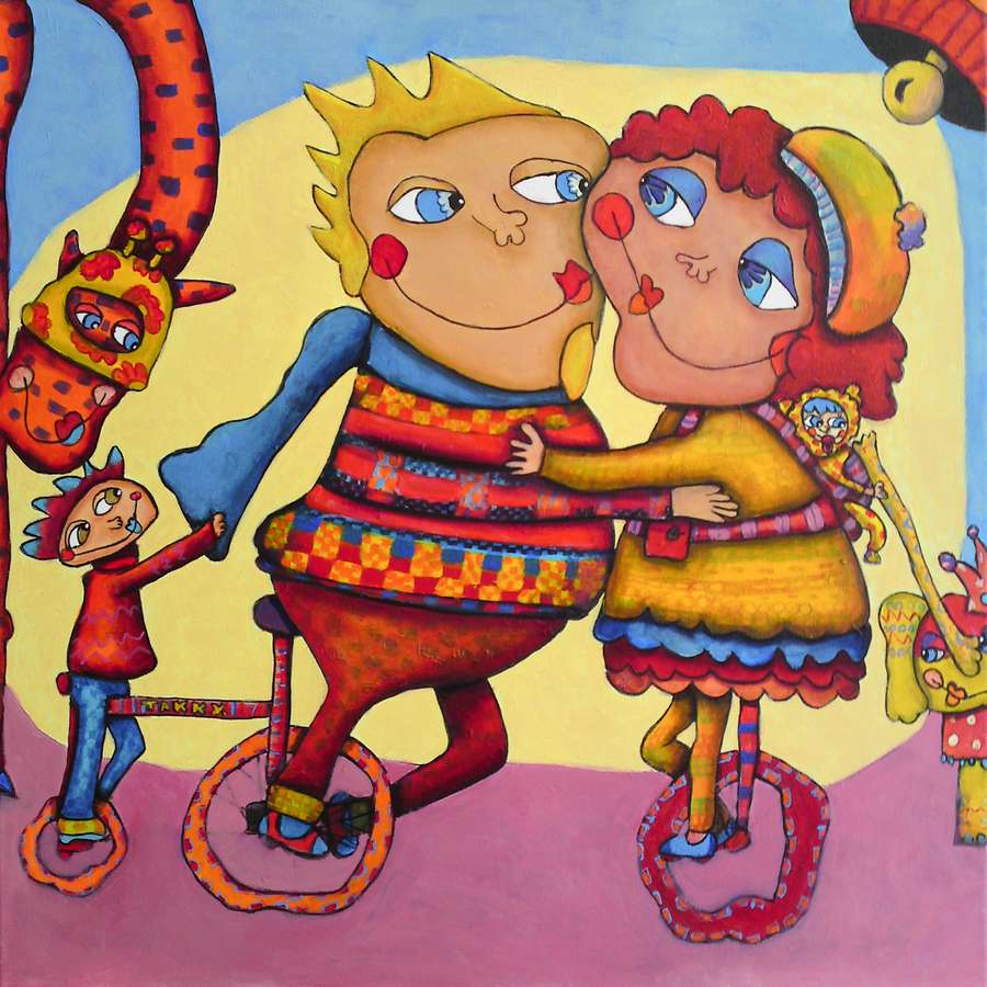 A whimsical painting of colorful cartoon characters of a family in love, on a unicycle; dancing and playing with a baby, elephant, and giraffe.