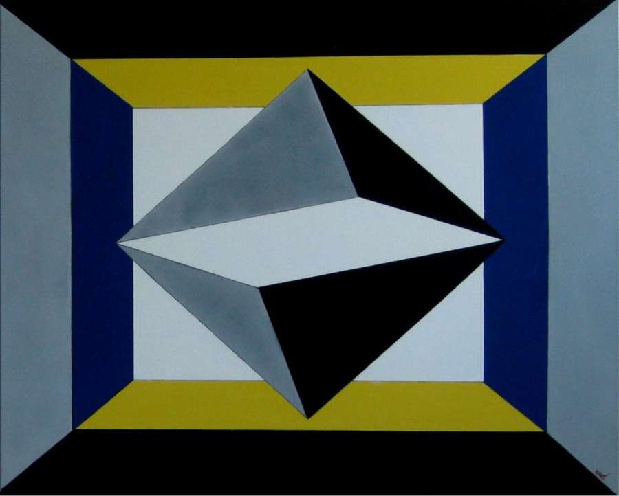 Abstract art piece with geometric shapes and a monochromatic color scheme.
