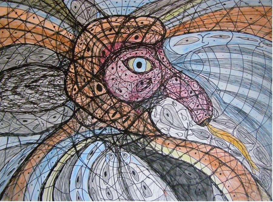An abstract artwork with a central figure that resembles a bird or dragon, surrounded by swirling lines and shapes in various colors. It is reminiscent of modern or post-modern abstract expressionism, characterized by its emphasis on color, form, and emotional experience.