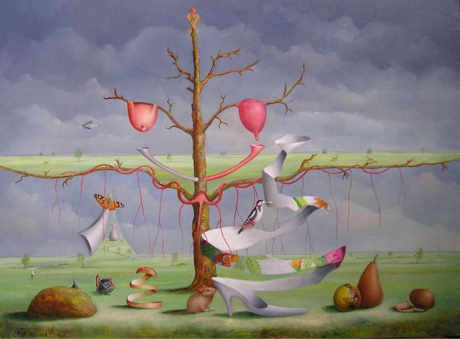 Surreal landscape with a tree of life, birds, and whimsical elements.
