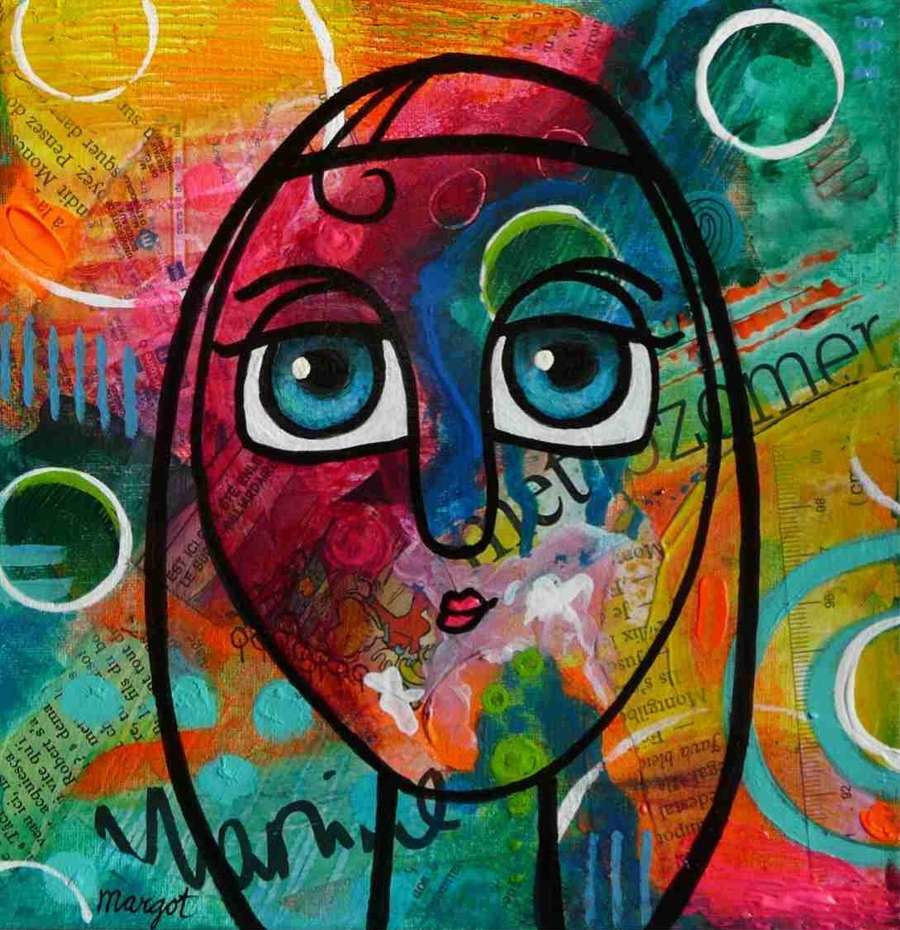 A colorful abstract art piece with a cartoon-like face in the center, surrounded by vibrant circles and splashes of color.