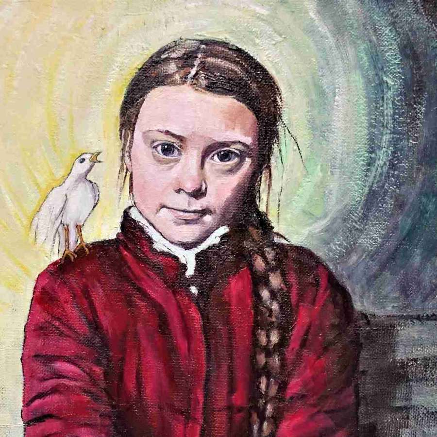Greta Thunberg with a bird on her shoulder, painted in an impressionistic style.