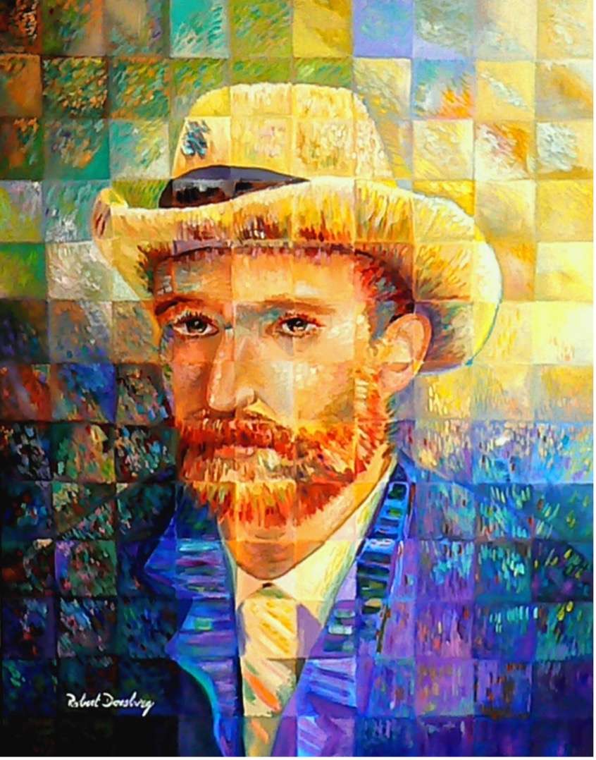A vibrant portrait of a man in a cowboy hat, rendered in a mosaic style.