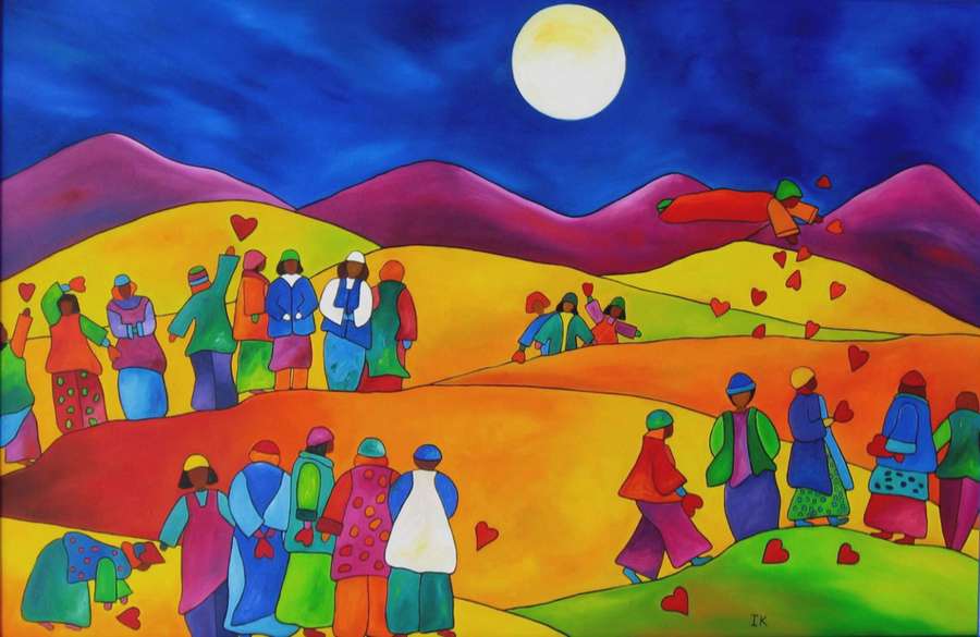 Vividly colored painting of a group of people in a desert landscape, under a full moon, with a mountainous horizon.
