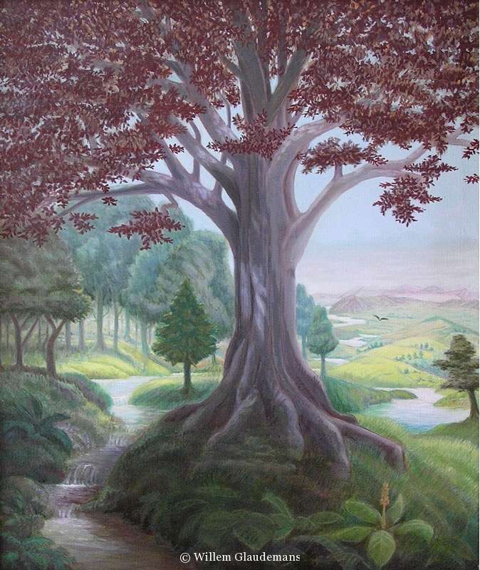 A serene landscape featuring a large, old tree with red leaves in the center of a forested area. The tree stands tall and majestic, surrounded by lush greenery and a winding path leading towards it.