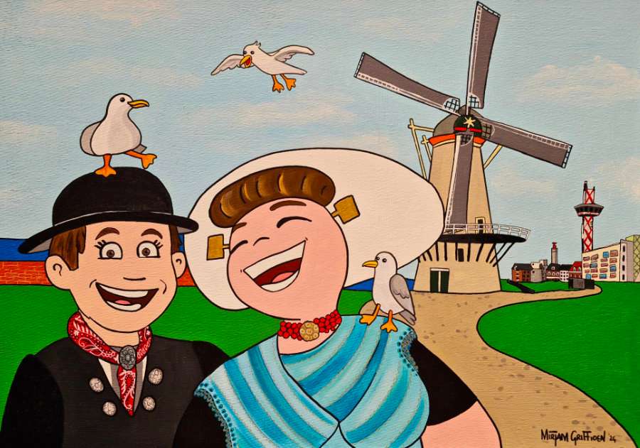 Dutch farmer couple in typical Zeeland costumes standing by the characteristic Oranjemolen windmill; a colorful painting