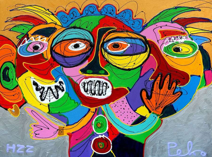 an abstract art piece featuring a colorful, multi-faced figure with various expressions and elements.