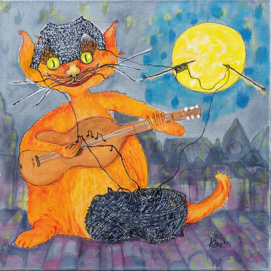 An orange tabby cat strums a guitar under a full moon, creating a ball of wool, with knitting needles playfully flying around.