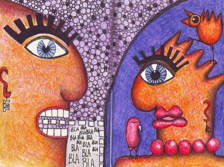 Two cartoon characters, one male and one female, engaged in a conversation. The art style is whimsical and playful.