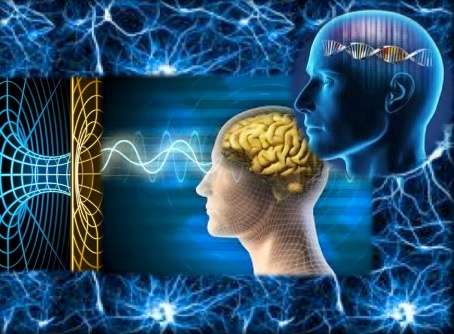 A digital art piece featuring a human brain, a person's head with a thought bubble, and a visualization of sound waves. The background is a blue, starry sky.