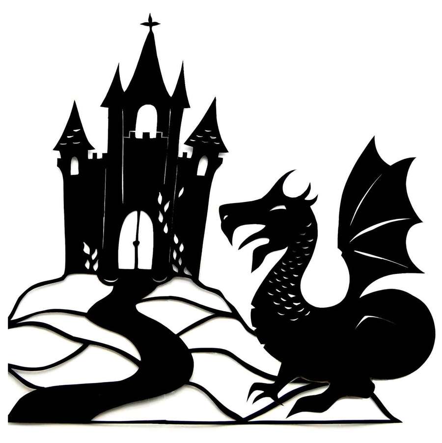 A black and white silhouette of a castle with a dragon, set against a backdrop that resembles a winding road or path.