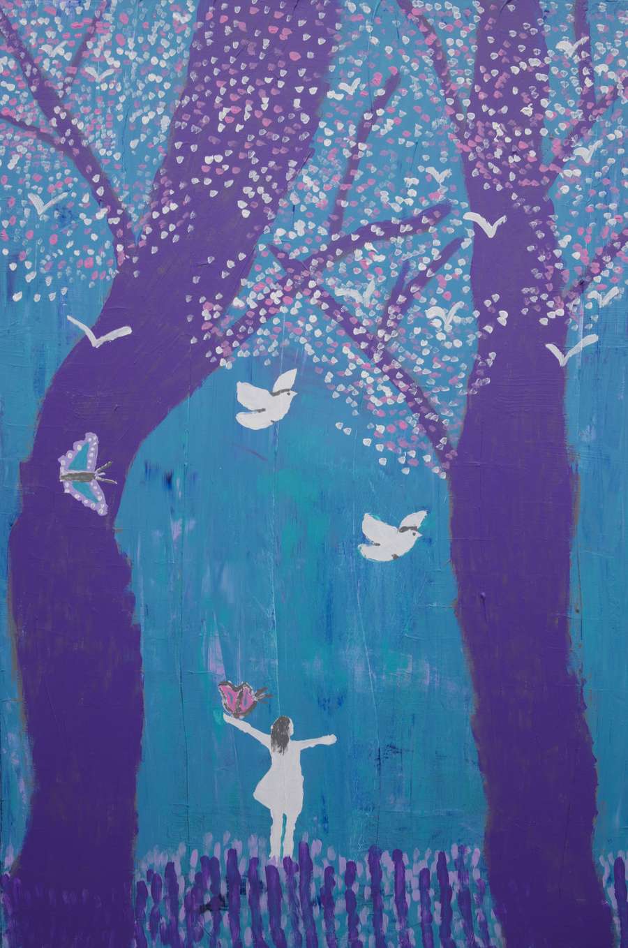 Painting of a person standing under two tall purple trees with birds and butterflies flying amidst falling blossoms on a blue background.