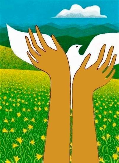 Two hands reaching upwards towards a dove, symbolizing freedom. The background depicts a lush green field with mountains in the distance under a clear sky.