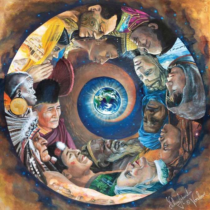 Colorful circular artwork featuring diverse people around a planet, conveying global unity and interconnectedness.