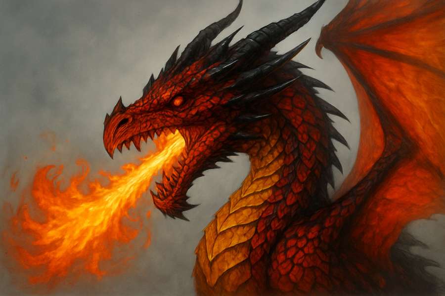A vibrant fantasy artwork featuring a fierce dragon with flames, set against a dramatic sky.