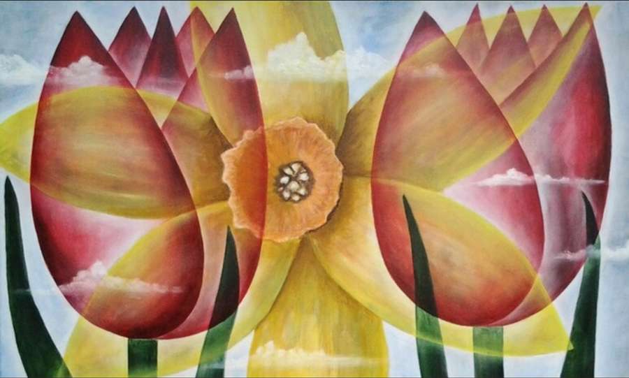 A yellow flower faded into vivid tulips in full bloom, set against a serene sky.